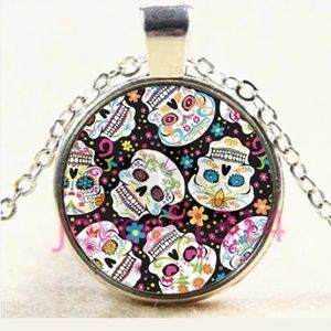 Sugar Skulls & Flowers Silver & Glass Necklace